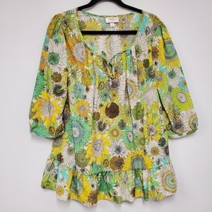 Liberty London Blouse L Green Yellow Sunflower 70's Vibe Peasant Top Longline